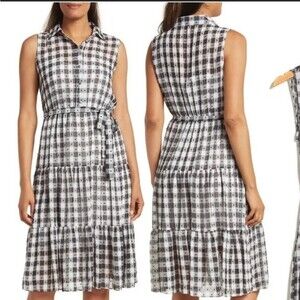 Nanette Lepore Gingham Dobby Tiered Shirtdress in Black & White - Size 10